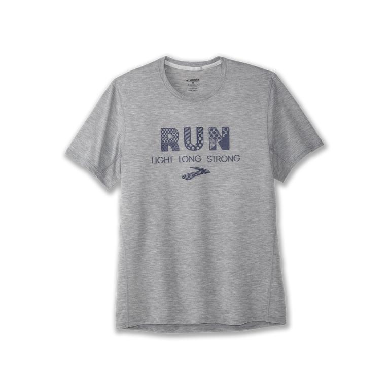 Brooks Distance Graphic Men's Short Sleeve Running Shirt - Heather Ash/Run Light/Grey (65289-VYQG)